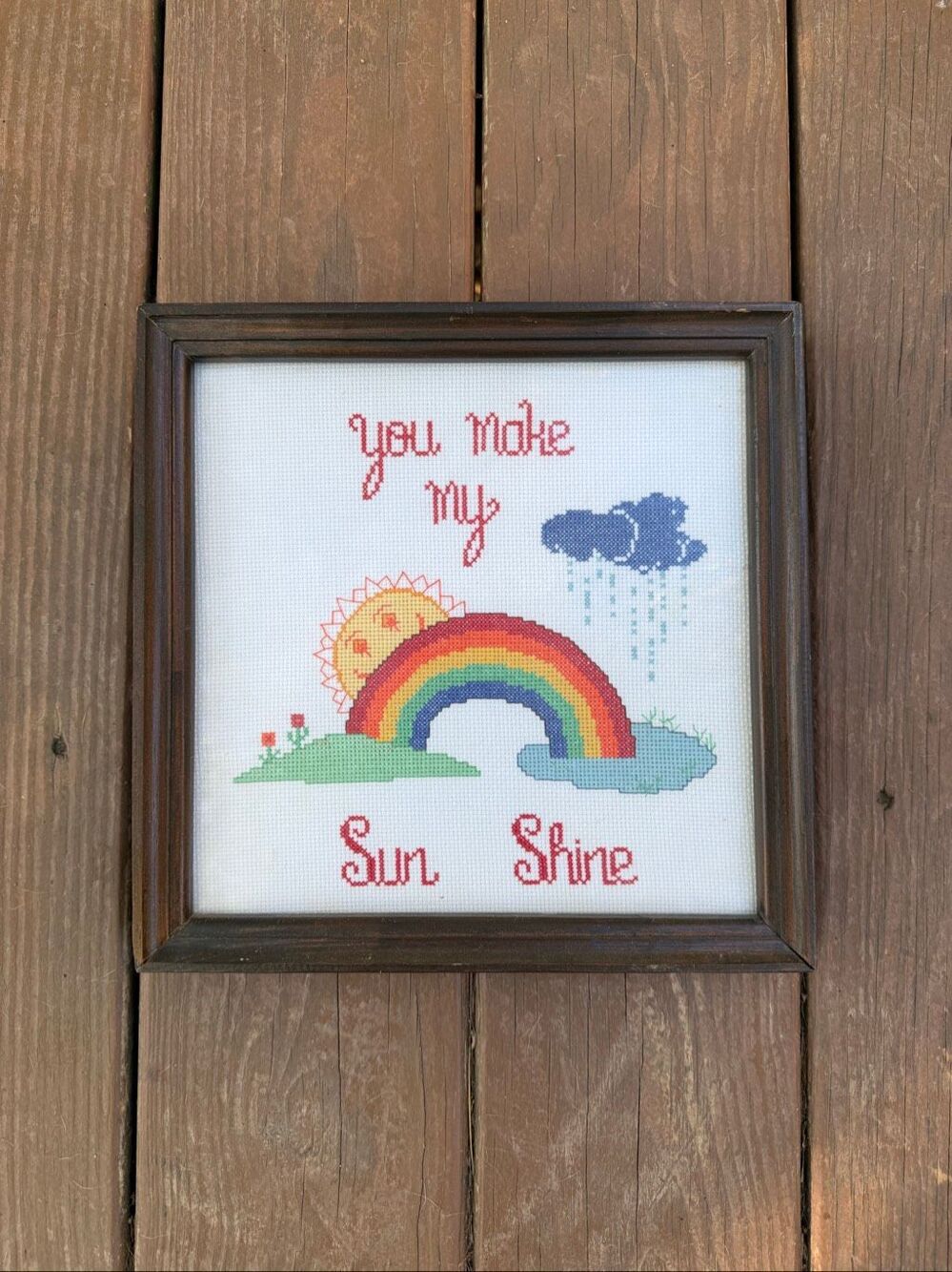 Vintage Rainbow Cross Stitch Sunshine Framed RARE HTF 10.5x10.5” Crewel Art
